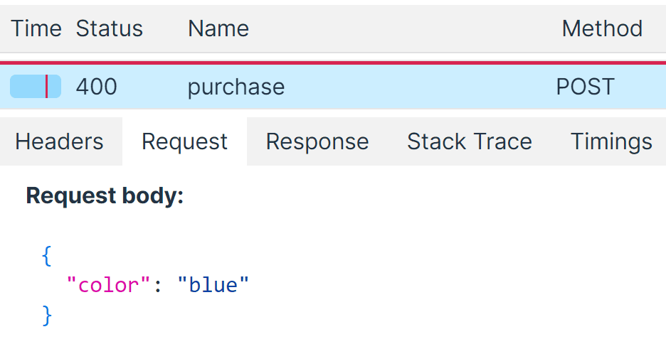 The request subtab on the network request panel showing the request body with color blue